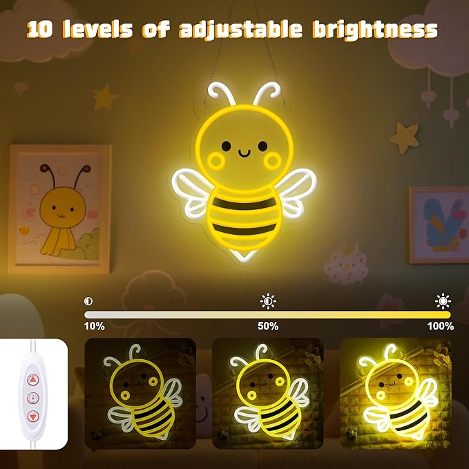 Bee Neon Sign Wall Art, Honey Bee Decor for Bedroom Living Room Office Patio Garden Stores, USB-Powered Energy-Saving Light with Hanging Kit, Gifts for Kids,Women,Beekeeper