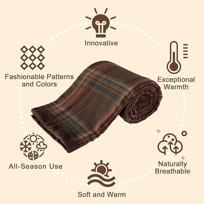 YOUR MOON 100% Pure Merino Wool King Size, Australian Organic Natural Wool Blanket, Hypoallergenic Wool Blanket for Bed, Medium Weight(Plaid Brown, 90 * 108)