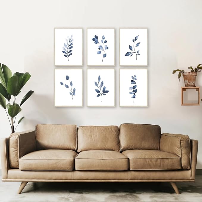 Navy Blue Botanical Art Set of 6, Minimalist Abstract Prints Watercolor Blue White Leaf Plant Wall Decor Canvas Painting, Boho Floral Wall Decor for Bedroom, Living