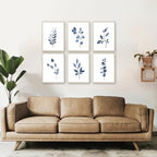Navy Blue Botanical Art Set of 6, Minimalist Abstract Prints Watercolor Blue White Leaf Plant Wall Decor Canvas Painting, Boho Floral Wall Decor for Bedroom, Living