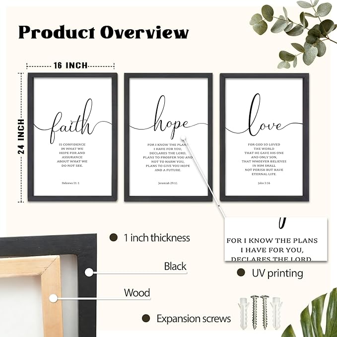 FZMHASLWW Faith Hope Love Sign Wall Decor 24"×16" Set of 3 Bible Verse Christian Scripture Wooden Framed Wall Hanging Art (Black)