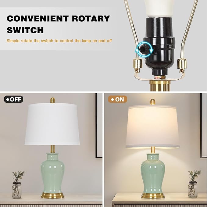 Green Ceramic Lamps Set of 2, 23" Modern Table Lamps for Living Room, Classic Bedside Lamp with Ginger Jar Design, Elegant Bedroom Lamp for Night Stand Desk Side End Table Home Decor