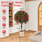 Artificial Boxwood Topiary Tree with Rose, Set of 2 Artificial Shrub Bushes with Ground Spike, Fake Evergreen Tree for Porch, Artificial Plants for Outdoor Planters Indoor UV Resistant