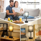Small Bedside Table Lamp for Nightstand with USB & Outlet, 3 Color, Matte Black, Black Lampshade (LED Bulb Included)
