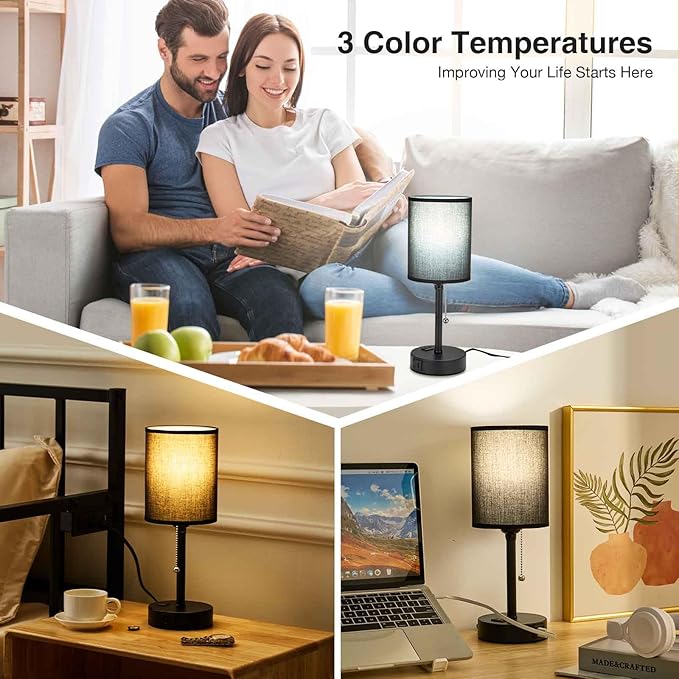 Small Bedside Table Lamp for Nightstand with USB & Outlet, 3 Color, Matte Black, Black Lampshade (LED Bulb Included)