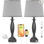 Grey Lamps for Bedrooms Set of 2 - Touch Control Bedside Lamp with USB C+A, 3 Way Dimmable Nightstand Lamps with USB Port, Table Lamp for Living Room(Grey Shade and Black Base)