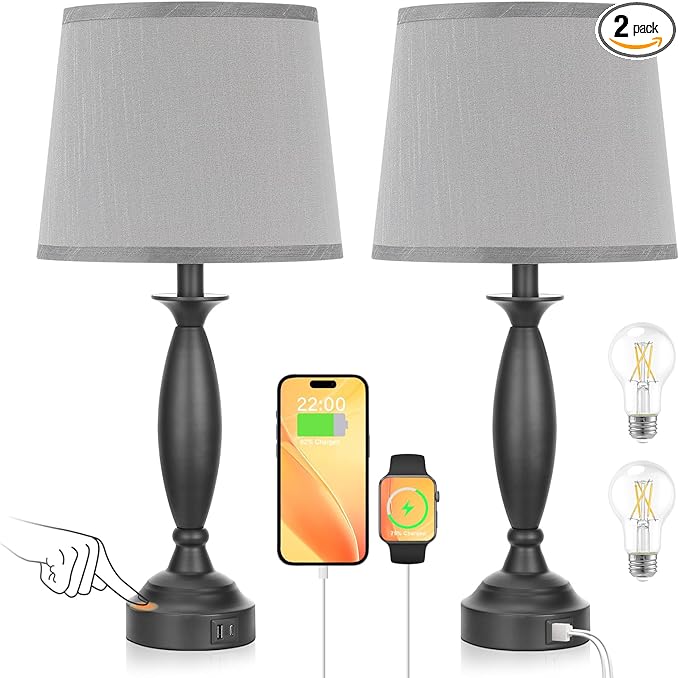 Grey Lamps for Bedrooms Set of 2 - Touch Control Bedside Lamp with USB C+A, 3 Way Dimmable Nightstand Lamps with USB Port, Table Lamp for Living Room(Grey Shade and Black Base)