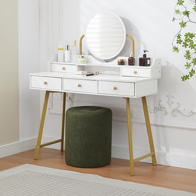 Modern Round Ottoman 2Pcs, Classic Foot Stool Ottoman, Teddy Fleece Upholstered Vanity Stool for Makeup, Bedroom, Living Room, Dark Green