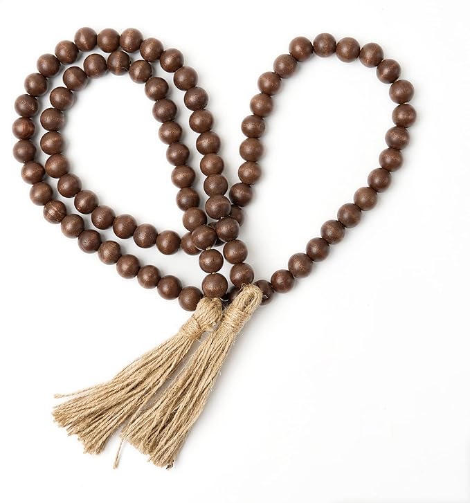 OMISHE 59in Wood Bead Garland with Tassels, Decorative Beads Decor, Farmhouse Wooden Beads Garland for Wall Hanging Home Festival Decor, Dark Brown