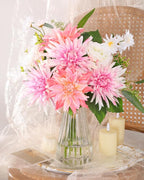 Nubry Fake Artificial Flowers in Vase,Faux Silk Dahlia Flower Bouquet Floral Arrangement Fake Plant Decor for Tables Centerpieces,Home Office Party Wedding Decor(Pink with Vase)