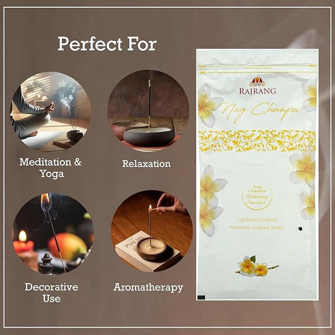 RAJRANG Nag Champa Incense Sticks Box 120 Grams (120 Sticks) Scented Hand Rolled Agarbatti for Temple Room Freshener Yoga