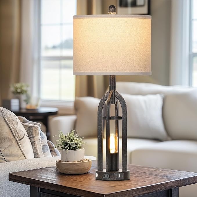 27" Rustic Table Lamps for Living Room - Farmhouse Lamps Set of 2 with USB C+A & Outlet, 3-Way Dimmable Touch Lamps for Night Stands, Vintage Bedside Lamp for End Tables,Bedroom,Bronze