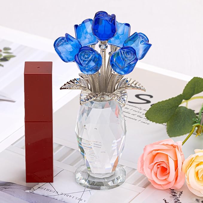 Glass Rose Flowers, Crystal Glass Figurines Rose Decorations for Home Gifts for Mom Wife Grandma, Crystal Flowers Collectible Ornament Mother's Day Thanksgiving Anniversary Birthday Gifts (Blue Rose)