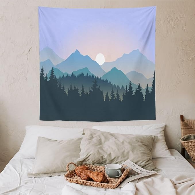 HZOHNAGO Mountain Tapestry Forest Mountain Sunrise Pattern Printed Wall Tapestry Wall Hanging for Bedroom Living Room Dorm 60" W x 60" H