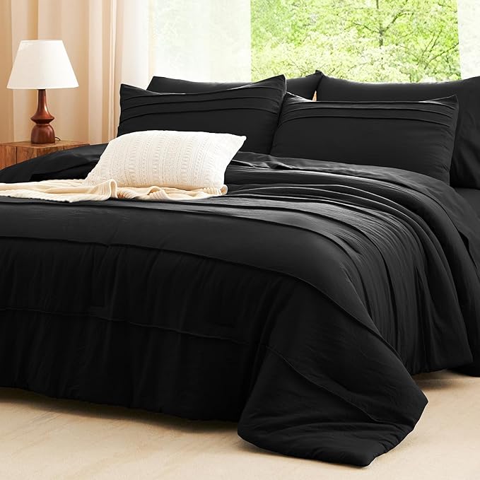 CozyLux Full Size Comforter Sets Black, 7 Pieces Soft Pinch Pleat Bed in a Bag Full Comforter Set with Sheets, Boho Bed Set with Down Alternative Comforter, Sheets, Pillowcases & Shams