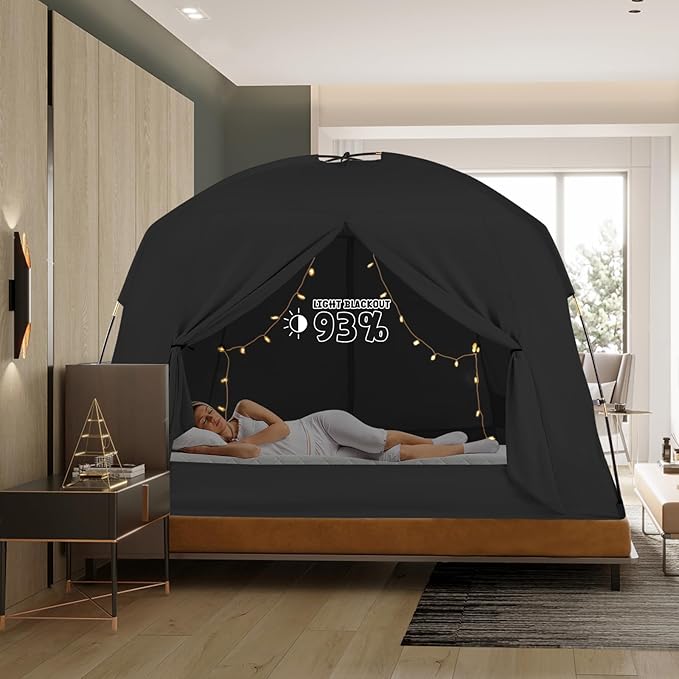 Bed Tents for Kids and Adult, Portable 100% Breathable and 93% Blackout Toddler Dream Play Tent, 3 Doors Big Privacy Space Sleeping Canopy for Floor or Twin Full Queen Sizes Bed (Black, Queen-Size)