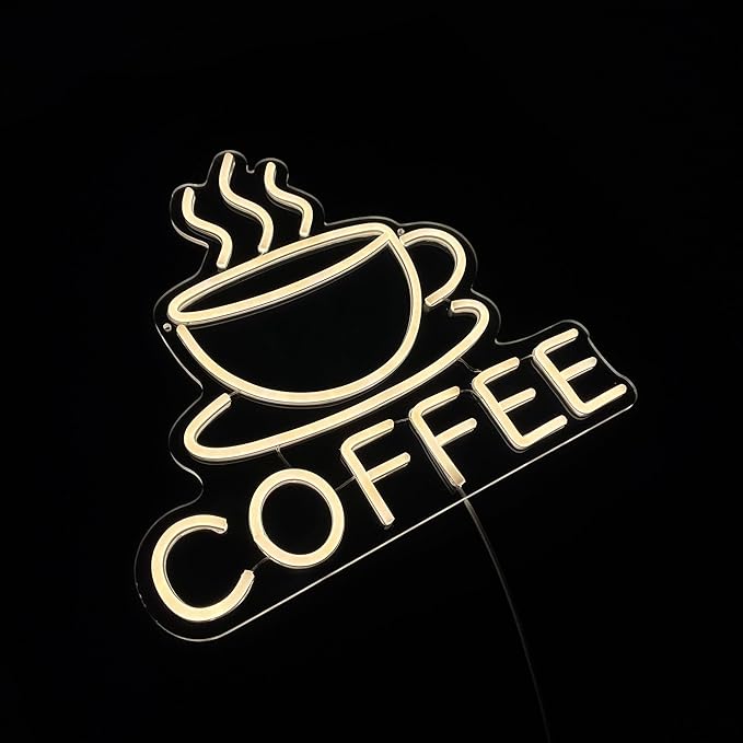 COFFEE Neon Sign in Warm White for Café, Restaurant, or Office Decor – Minimalist LED Wall Light – USB Powered Light-Up Coffee Sign for Business or Home