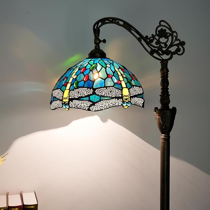Tiffany Floor Lamp Vintage Standing Lamp Green Blue Dragonfly Stained Glass Floor Light Rustic Corner Gooseneck Floor Lamp with Adjustable Angle for Home Decor Living Room Bedroom 12X12X63 Inches