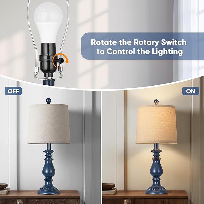 QiMH Farmhouse Table Lamp Set of 2, Rustic Table Lamps for Living Room, Vintage Nightstand Lamp with Rotary Switch, Beside Lamps for Bedroom, Traditional Table Lamps with Linen Shade, Blue