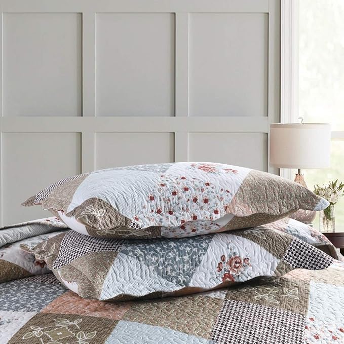 Travan 3-Piece King Quilt Set Quilted Bedspread Lightweight Reversible Coverlet Set Floral Printed Quilted Bedding Set with Shams for All Season, Brown Floral, King Size