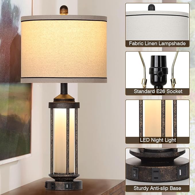 Farmhouse Table Lamp, 27" Vintage Rustic Retro Beside Lamp with USB A+C Charging Ports & AC Outlet, Industrial Modern Lamp with Glass LED Night Light for Living Room Bedrooms Nightstand 1 Pack