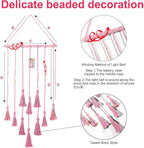 Hanging Photo Display Wall Decor, Pink Macrame Wall Hanging Boho Room Bedroom Decor, Picture Frame Collage with Remote Light & 30 Clips, Christmas Teenage Teen Girl Gifts Ages 10 11 12 13 14 Years Old