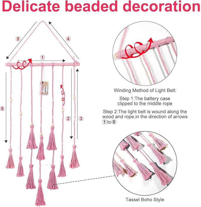 Hanging Photo Display Wall Decor, Pink Macrame Wall Hanging Boho Room Bedroom Decor, Picture Frame Collage with Remote Light & 30 Clips, Christmas Teenage Teen Girl Gifts Ages 10 11 12 13 14 Years Old