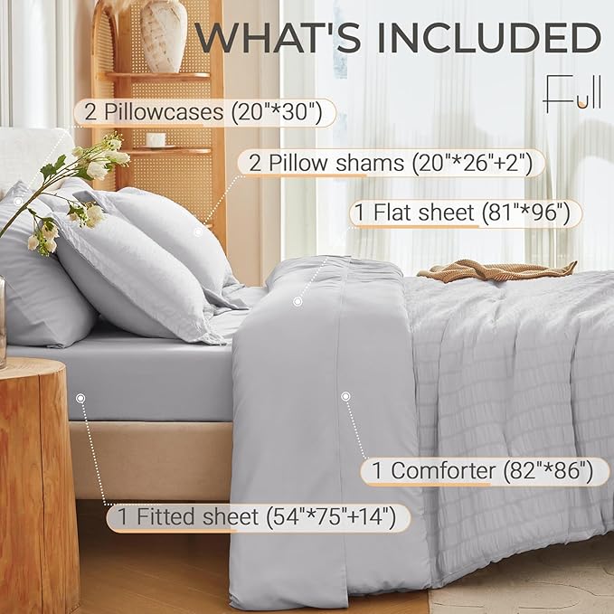 MUXHOMO 7 Pieces Full Comforter Set, Seersucker Bed in a Bag Full Size, All Season Luxury Bedding Set with Comforter, Flat Sheet, Fitted Sheet, Pillowcases & Shams, Light Grey