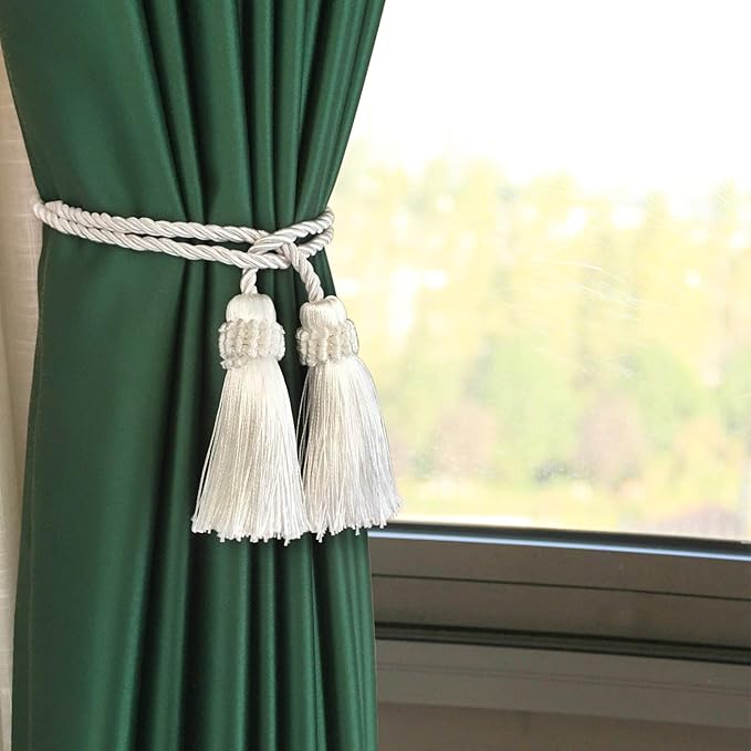 Fenghuangwu Curtain Tiebacks Handmade Decorative Curtain Holdbacks Rope with Tassel (White, 4P)