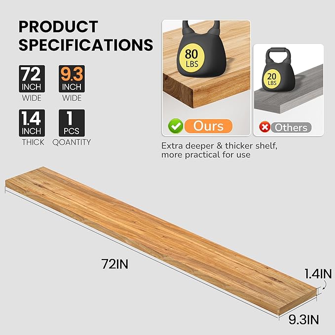 Fun Memories Floating Shelves for Wall, 72"x9.3" Rustic Solid Elm Wood Shelves, Heavy-Duty Wall Mounted Shelves with Invisible Brackets for Living Room, Bedroom, Kitchen, Natural Finish