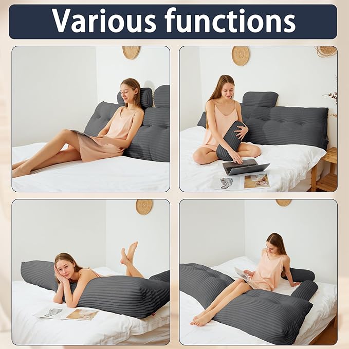 Headboard Wedge Pillow with 2 Pack Neck Roll Pillow Large Headboard Pillow King Wedge Pillow Headboard Soft and Supportive Bed Rest Reading Pillows for Sitting in Bed with Removable Cover