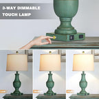 Farmhouse Table Lamp Set of 2, Rustic Touch Control 3-Way Dimmable Lamps with USB A+C Charging Ports & AC Outlet, Vintage Retro Antique Bedside Lamp for Living Room Bedrooms Nightstand Green