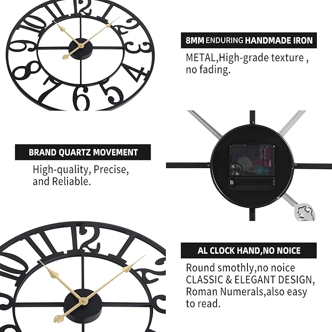 Large Wall Clock for Living Room Decor - 16 Inch Silent Non-Ticking Wall Clocks Battery Operated, Metal Vintage Retro Decorative Modern Wall Clock for Bedroom, Kitchen, Office, Farmhouse Decor