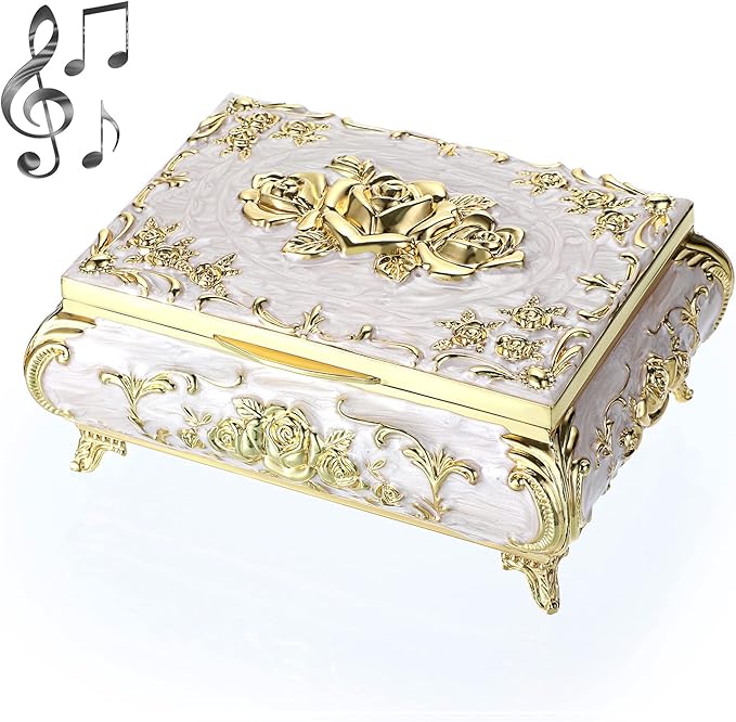 ELLDOO Vintage Music Box, Beige Metal Musical Jewelry Box Keepsake Box, Small Trinket Jewelry Storage Box Gift for Girl Women (Tune: You are My Sunshine)