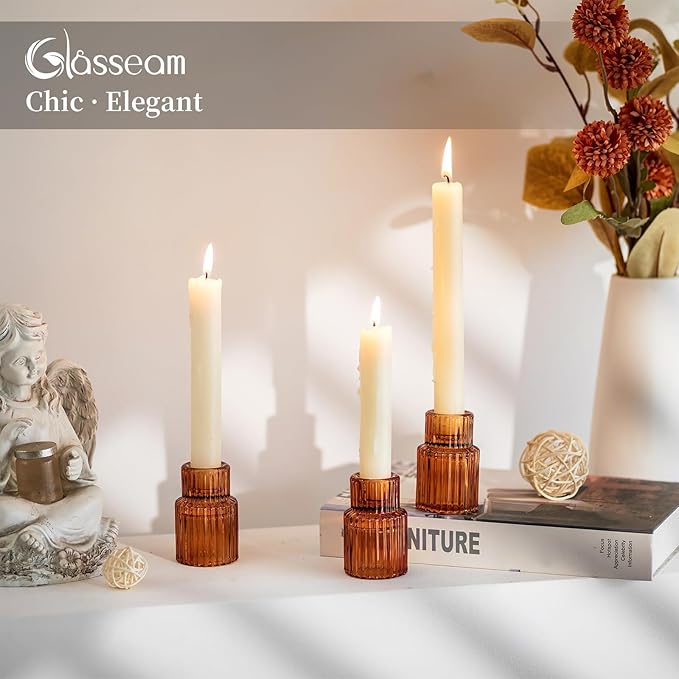 Glasseam Glass Candle Holder for Candlesticks: 20PCS Amber Candle Holders for Taper Candles Small Fall Candle Stick Holders Bulk for Table Wedding Centerpiece Christmas Halloween Living Room Decor
