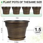 Plant Planters Pots Set of 4 Pack 10 Inch, Plastic Flower Pot for Indoor Plants with Drainage Holes & Trays, Resin Decorative Container Sets with Saucer for House Outdoor Garden Planters Dark Gold