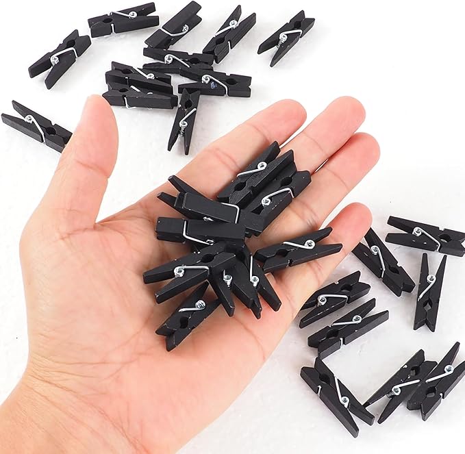 100Pcs Black Clothespins with String, 1.4Inch Wooden Clothes Pins with 328Ft Jute Twine, Mini Photo Display Clips, Black Clips for Hanging Photo, DIY Crafts,Wall Art, Baby Shower