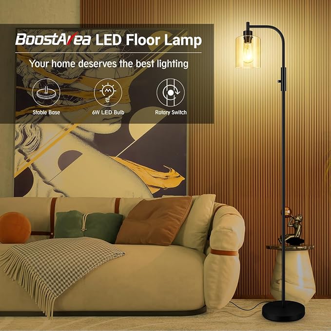 BoostArea Dimmable Floor Lamp, Standing Lamp with Glass Lampshade, 6W LED Bulb Included, Modern Standing Lamp, Bright LED Lamp for Living Room and Bedroom, Office
