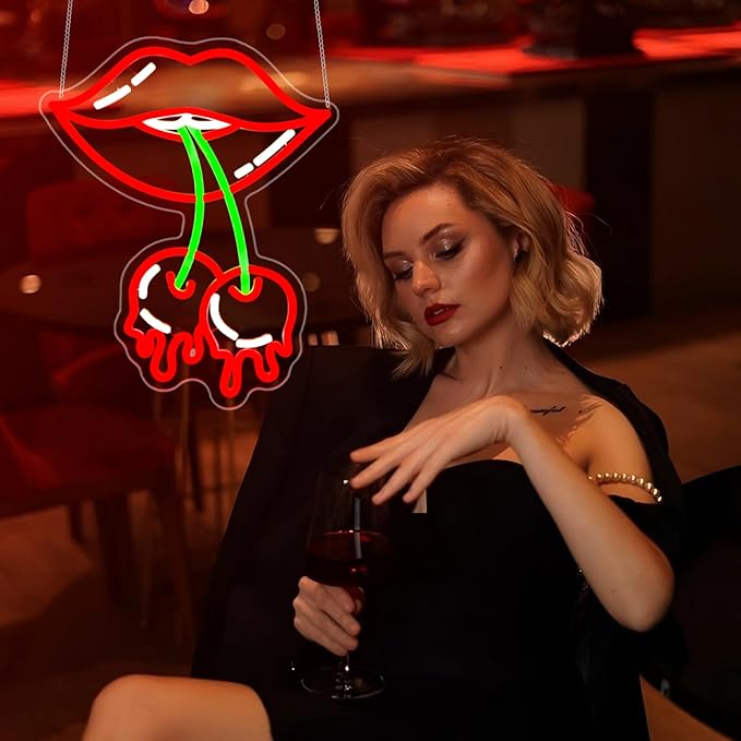 Cherry Lips Neon Sign, Neon Signs for Wall Decor Neon Red LED Signs Room Neon Light Up Signs Home Decor for Bedroom Club Party Bar Shop USB Operated