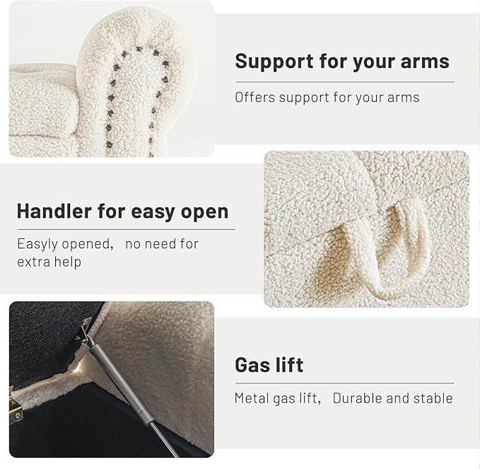 Furniliving Modern Storage Ottoman Bench, Sherpa Ottoman End of Bed Bench with Solid Wood Legs Upholstered Ottoman Benches with Storage Indoor Bench for Living Room with Rolled Arm, Entryway, White