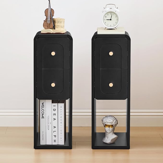Small Nightstand Set of 2, Wooden Narrow Nightstands with 2 Drawers, Vintage Side End Table for Small Spaces, Skinny Night Stand, Bedside Table for Bedroom, Living Room (Black-2PCS)