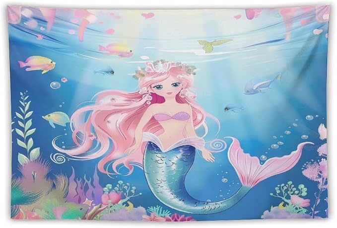 HZOHNAGO Mermaid Girls Tapestry Watercolor Mermaid Princess Pattern Printed Wall Tapestry Wall Hanging for Bedroom Living Room Dorm 60" W x 40" H