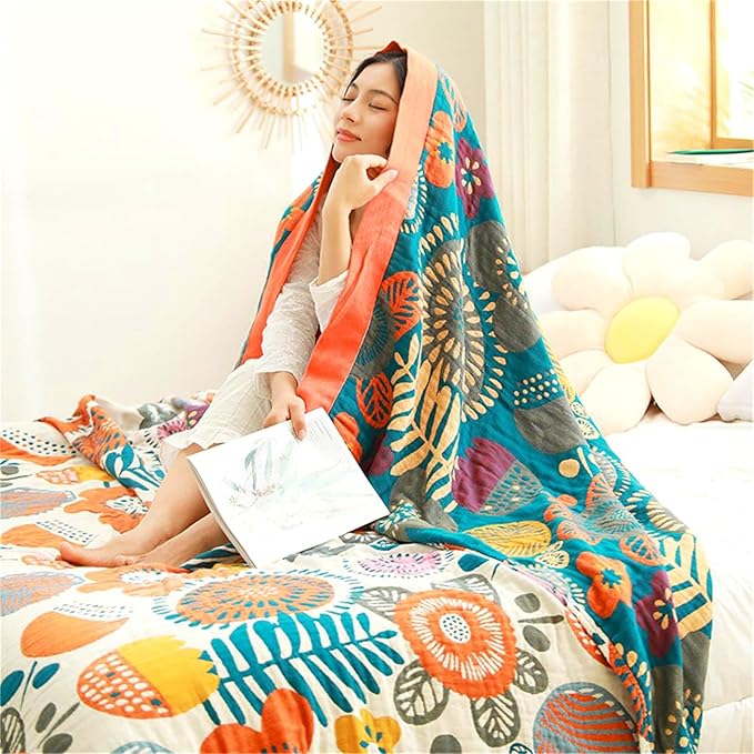 Cotton Throw Blanket for Couch Bed 100% Cotton Quilt 90''x 98'', Boho Floral Blanket Cozy Soft Muslin Farmhouse Bed Blanket Decorative Christmas Blankets Gifts for Women Mom