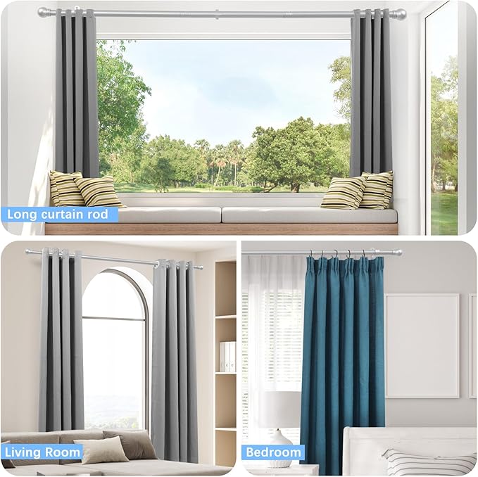 Curtain Rods for Windows 16 to 92 Inches, Curtain Rod Max Adjustable Length of 104 IN, 1" Diameter Drapery Rods Round Finials, Satin Silver, Pack of 1