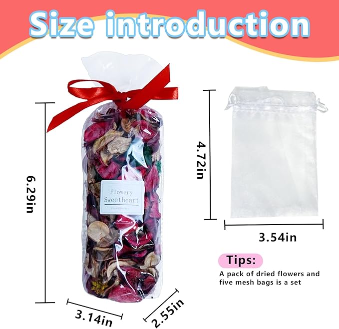 DIY Sweet Floral Heart Shaped Dry Flower Sachet Set|Home, car, and Gift|Scented Sachets for Drawers and Closets, Long-Lasting Sachets Bags Wardrobe Freshener, | Eco refillable Bags (5 Bags+Flowers).