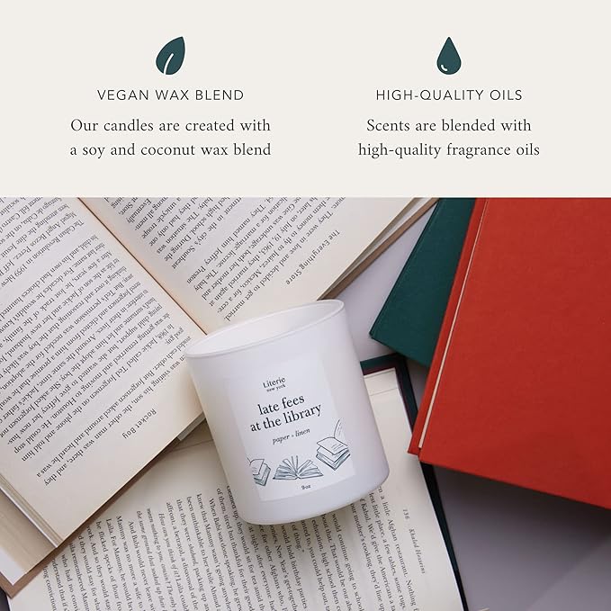 Literie NYC Inspired Scented Candle: Late Fees at The Library - Paper & Linen Scent, 9oz, 50 Hour Burn, Vegan Soy & Coconut Blend Candle for Home Decor, Gift for Women & Men
