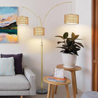 Modern Gold Floor Lamp for Bedroom, Arc Standing Lamp for Living Room, Dimmable Boho Rattan Tall Lamp, Farmhouse Floor Lamps for Office Decor, Height Adjustable Arched Lamp, Over Couch Reading Lamp