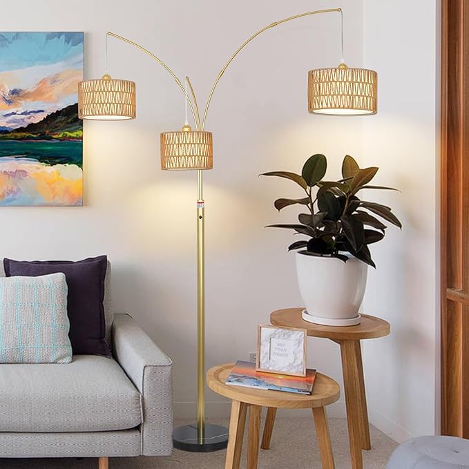 Modern Gold Floor Lamp for Bedroom, Arc Standing Lamp for Living Room, Dimmable Boho Rattan Tall Lamp, Farmhouse Floor Lamps for Office Decor, Height Adjustable Arched Lamp, Over Couch Reading Lamp