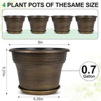 Plant Planters Pots Set of 4 Pack 8 Inch, Plastic Flower Pot for Indoor Plants with Drainage Holes & Trays, Resin Decorative Container Sets with Saucer for House Outdoor Garden Planters Dark Gold