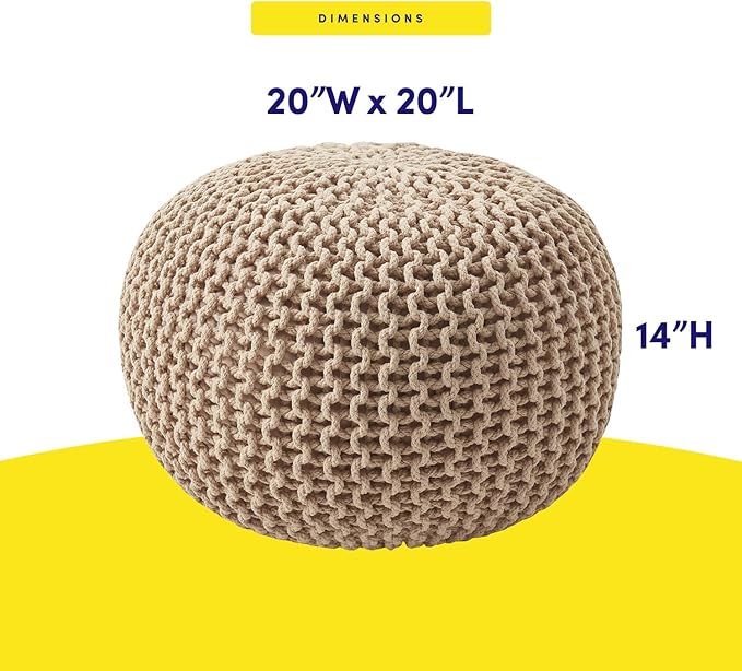 Pouf Ottoman Foot Rest Stuffed – 20” Diameter x 14” Tall Cozy Floor Pouf for Living Room, Bedroom, Nursery & More – 100% Cotton Knit Shell, EPS Bead Filled Footrest & Accent Chair, Taupe